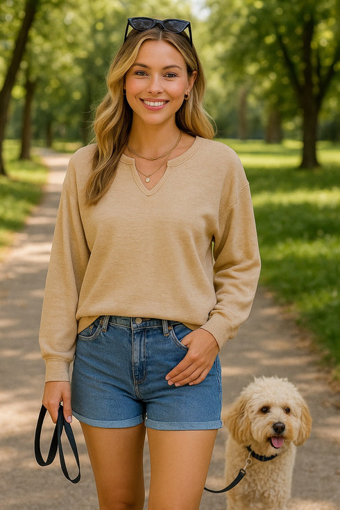 WAFFLE KNIT NOTCH NECK TOP